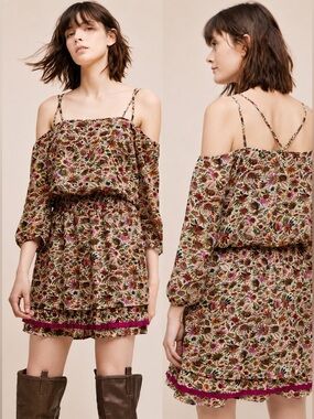 Anthropologie Floreat Mini Dress Floral Pleated Layered Ruffle Cottage 00P
